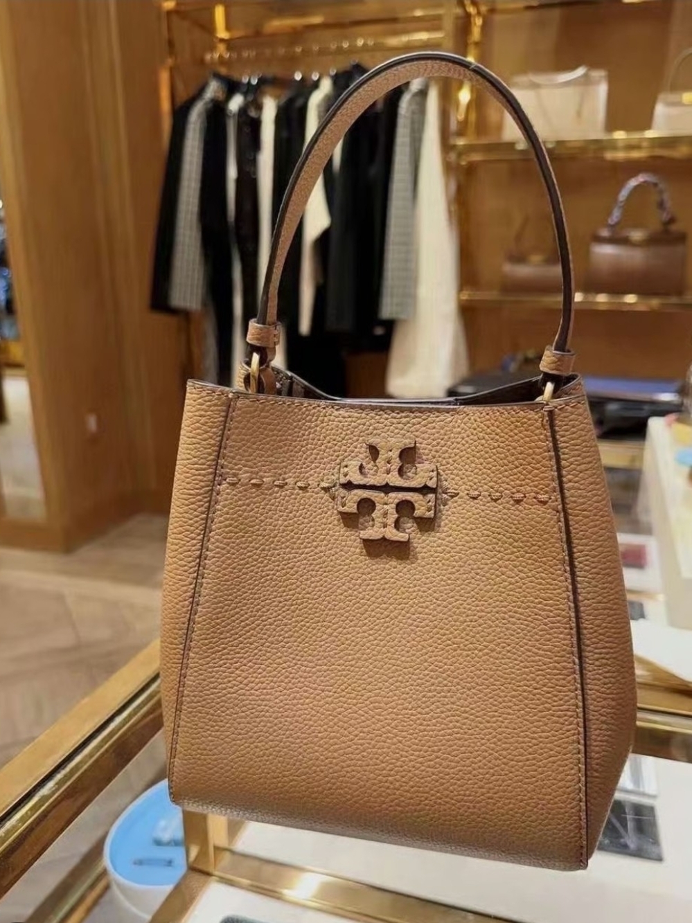 Tory Burch Tan Pebbled Leather Shoulder Bag with Logo